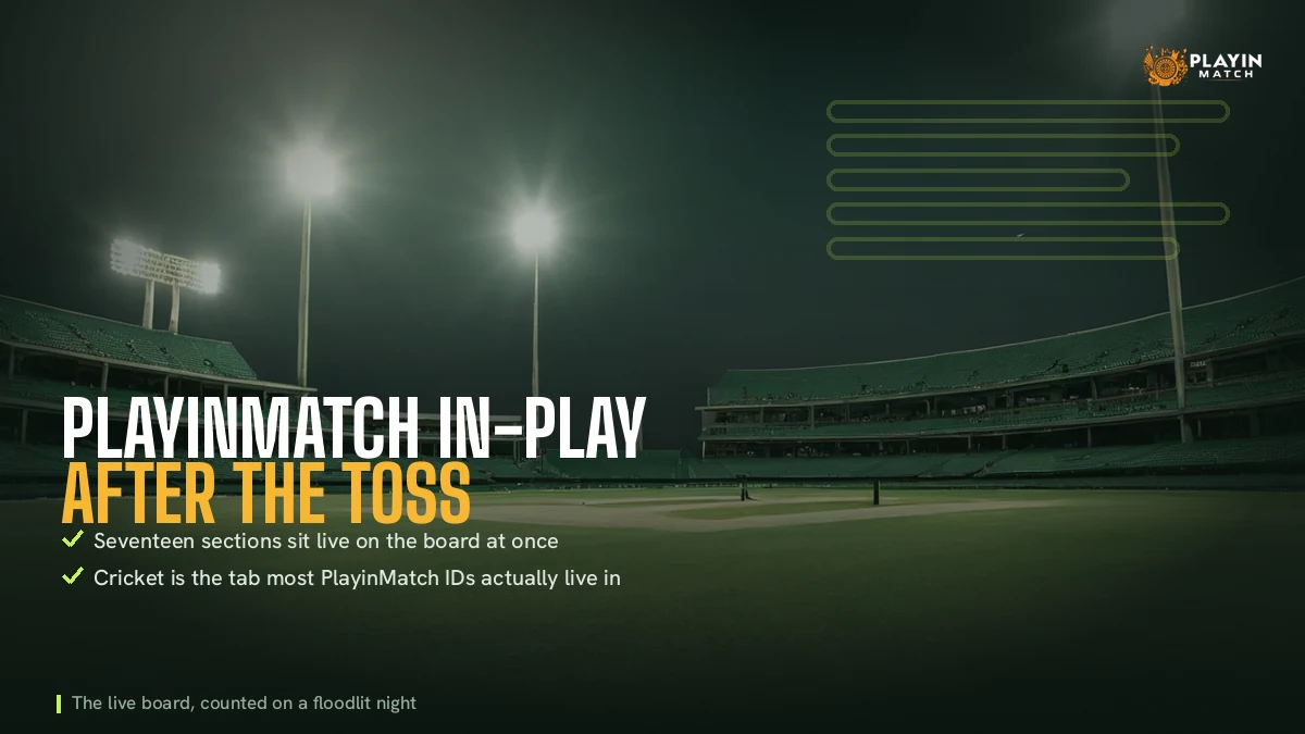 Floodlit night stadium behind the PlayinMatch in-play count of seventeen live sections