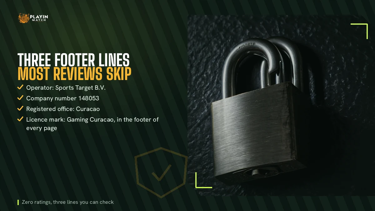 Steel padlock beside the three PlayinMatch footer lines: operator, company number and licence mark
