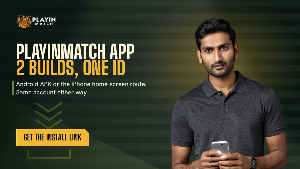 PlayinMatch app download banner under stadium floodlights, two builds on one ID