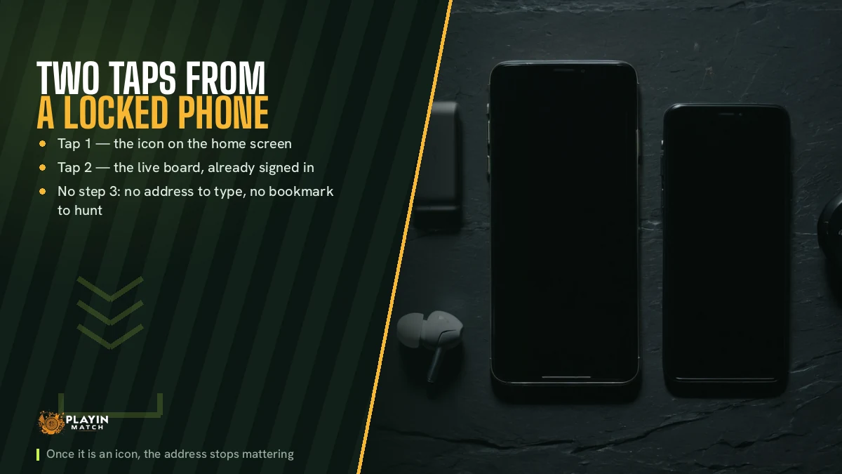 Two dark phones resting on slate beside the PlayinMatch two-tap route from a locked screen
