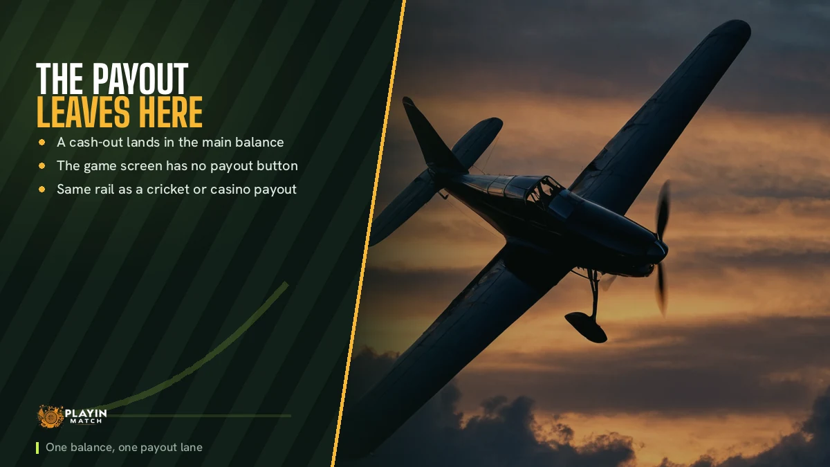Propeller plane climbing at dusk beside the PlayinMatch note that Aviator cash-outs land in one balance