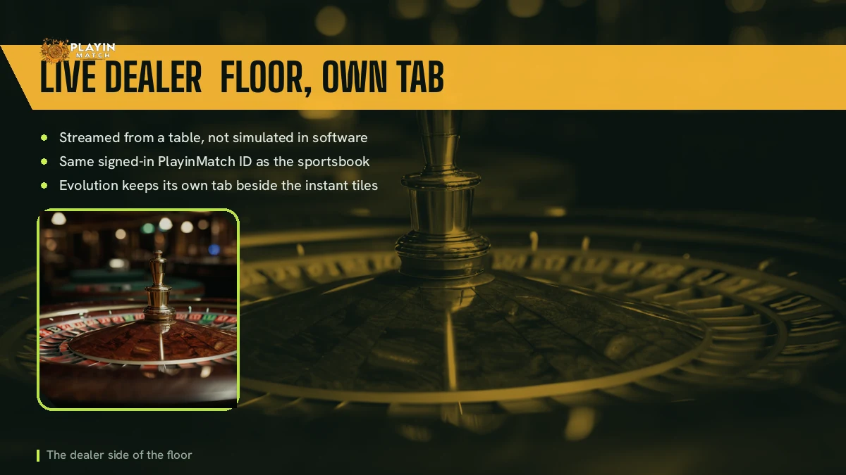 Roulette wheel on the PlayinMatch live dealer floor, streamed from a table and kept in its own tab