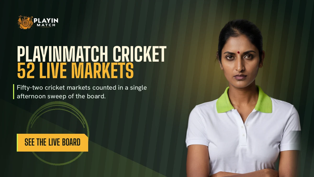 Cricketer on the PlayinMatch cricket banner beside the 52 live markets line