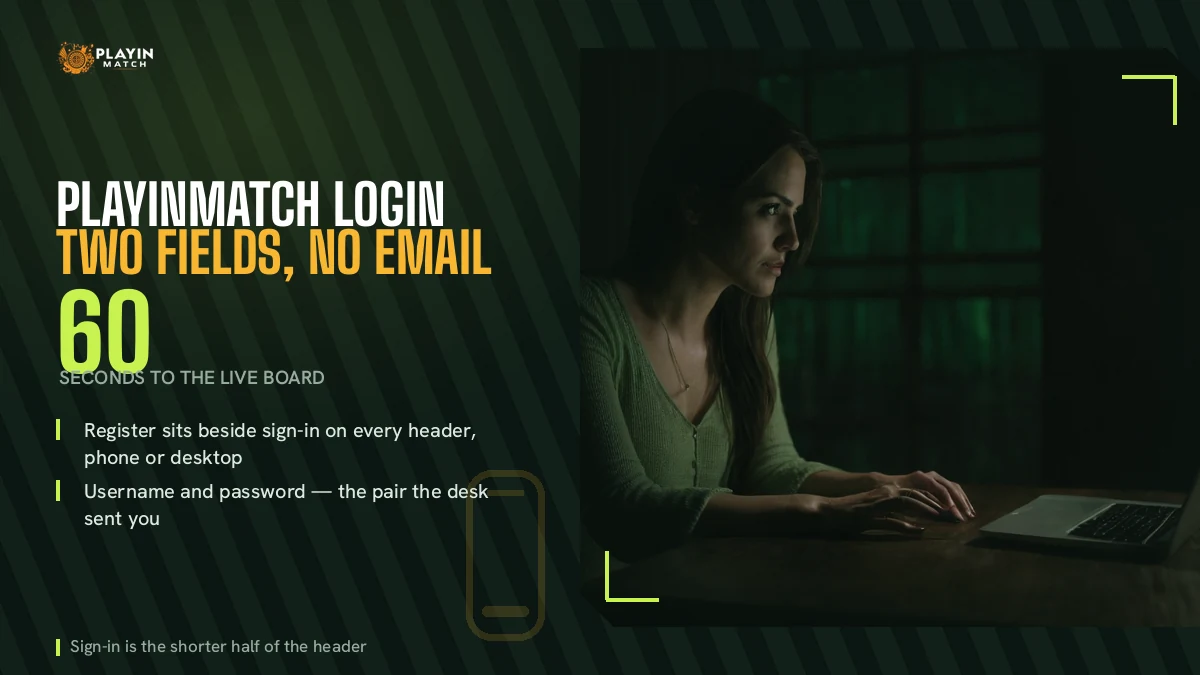 Woman signing in to PlayinMatch on a laptop at night, two fields and no email address