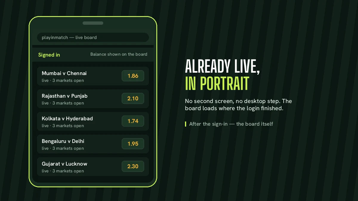 PlayinMatch board open in a phone browser after a successful login