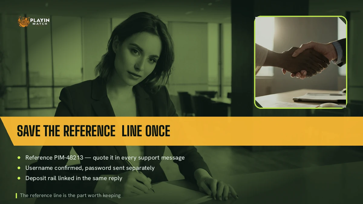 Woman filling in a PlayinMatch registration form with the reference line saved beside her