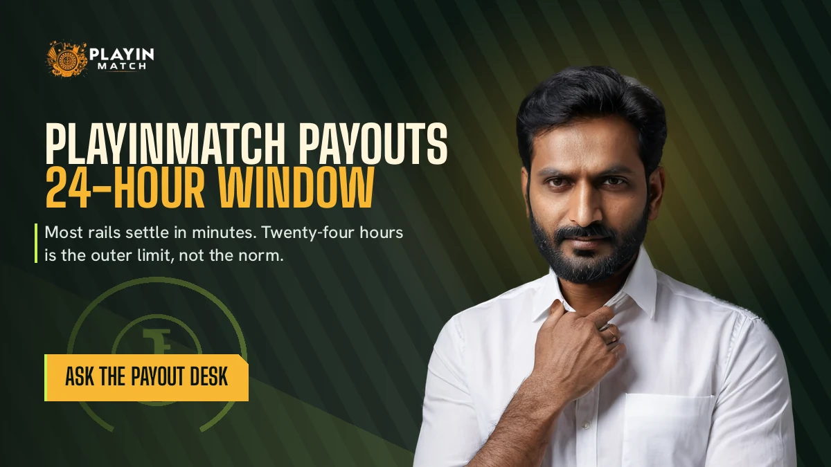 PlayinMatch payouts banner under stadium floodlights, the 24-hour window called out