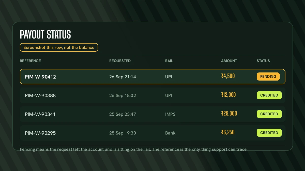 PlayinMatch payout status row showing a pending withdrawal with reference and timestamp