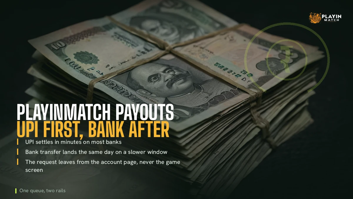 Stack of rupee notes beside the PlayinMatch payout rails, UPI in minutes and bank the same day